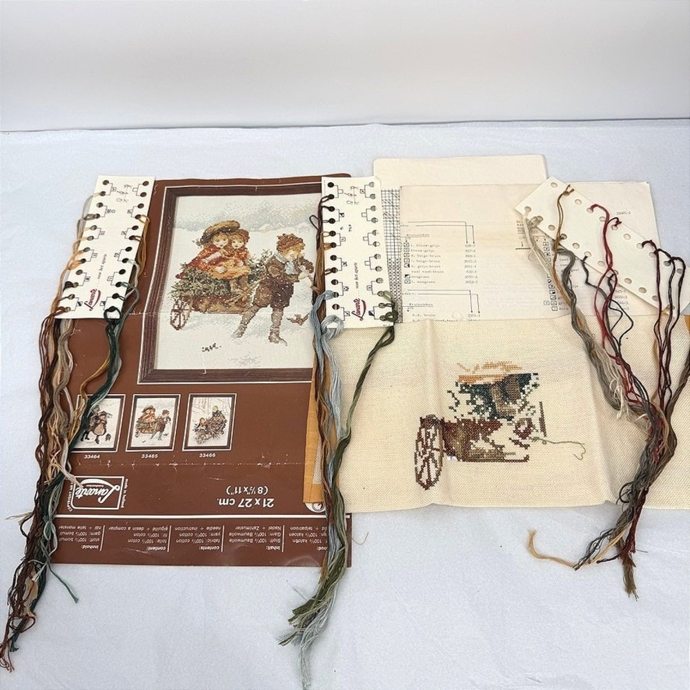 Lanarte Cross Stitch Kit 33465 STARTED Winter Children Sled Vintage Needlepoint